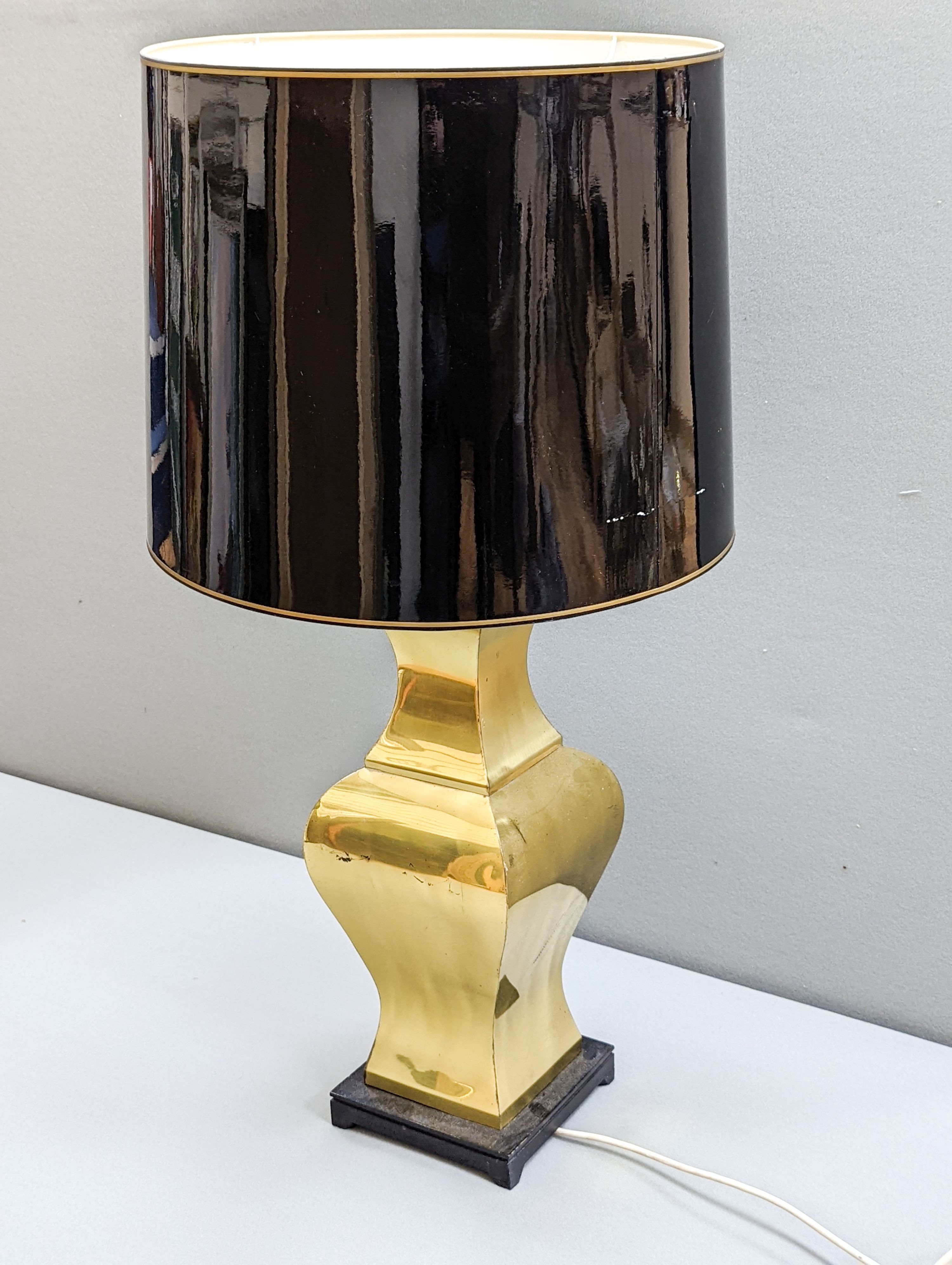 A Chinese brass lamp base with shade. Total height 92cm